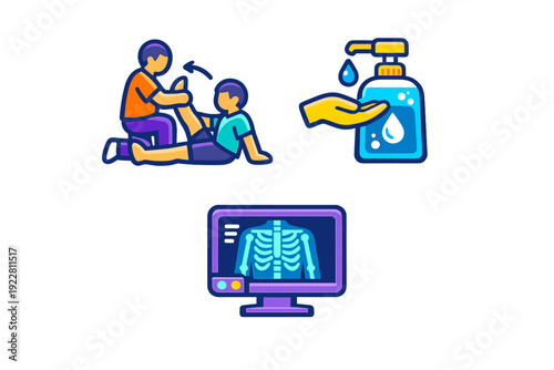 A set of medical icons featuring a physical therapist assisting a patient, a hand sanitizer dispenser, and a digital monitor displaying a human rib cage x-ray on a black background.