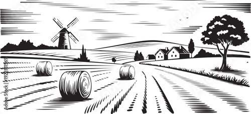 farm rural landscape with windmill houses and crop rows