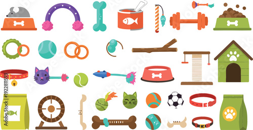 Set of colorful pet accessories and toys icons with bowls, bones, collars, balls, and houses, cute flat vector illustration for pet care design