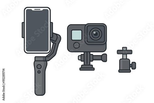 A flat vector illustration featuring a smartphone mounted on a handheld gimbal stabilizer, an action camera on a mount, and a tripod ball head accessory against a black background.