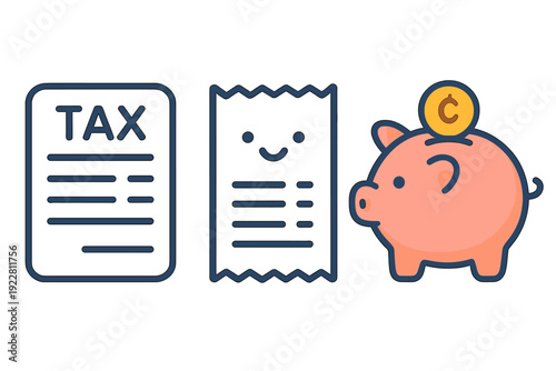 This flat vector graphic displays three distinct icons including a tax form, a happy receipt, and a pink piggy bank with a gold coin, symbolizing personal finance and tax season.