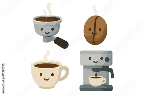 A collection of four cute coffee-themed mascot characters including a portafilter, a coffee bean, a cup of coffee, and an espresso machine, all featuring simple smiling faces and steam.