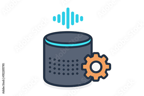A flat illustration of a dark cylindrical smart speaker with a blue light ring, a cyan sound wave icon above it, and an orange gear icon on the side, set against a black background.
