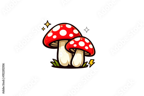 A cartoon illustration of two red mushrooms with white spots on a black background. The mushrooms have thick cream-colored stems and are surrounded by small sparkles and green grass.