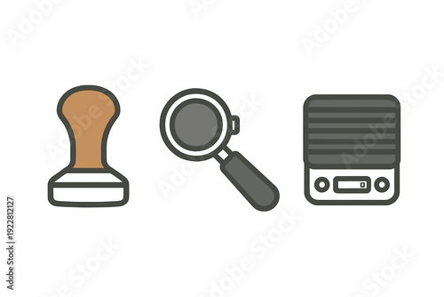 A set of three minimalist icons representing coffee preparation tools, including a wooden-handled tamper, a metal portafilter, and a digital kitchen scale on a dark background.