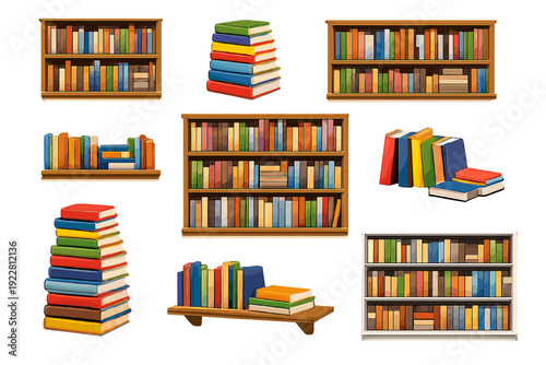 A collection of various wooden and white bookshelves filled with colorful books, along with several stacks of books arranged in different orientations on a black background.