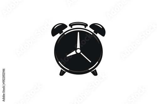 A black minimalist alarm clock illustration with two bells and three hands is centered on a dark background. This simple graphic represents time, morning routines, and scheduling.