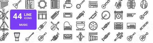 Set of 44 thin line musical instrument icons. Includes piano, guitar, drums, violin, saxophone, and more. Vector outline illustration pack