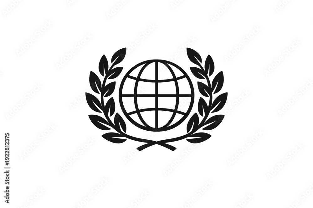 Obraz premium A minimalist dark icon featuring a globe with latitude and longitude lines centered within a laurel wreath, set against a solid black background for a clean and professional look.