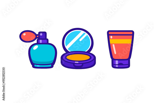 A vector illustration featuring three cosmetic products: a blue perfume bottle with a red atomizer, an open purple compact with a mirror, and a red tube of cream on a black background.