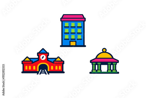 A collection of three colorful vector icons representing different urban structures including a multi-story building, a train station with a clock, and a domed pavilion on a black background.
