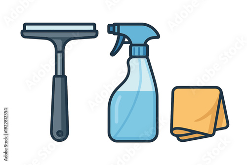 A flat illustration of window cleaning tools including a gray squeegee, a blue spray bottle filled with liquid, and a folded yellow microfiber cloth against a black background.