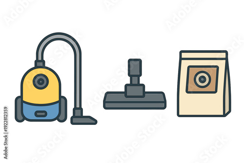 This vector illustration shows a yellow canister vacuum cleaner with its hose, a wide floor nozzle attachment, and a paper dust bag on a solid black background.