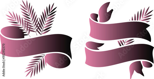 Two pink ribbons with leaves on white background  ribbons with leaves  decorative elements  design components