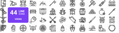 Set of 44 thin line vector icons. Viking theme collection with weapons, armor, ship, symbols, runes. Outline stroke style for web and apps