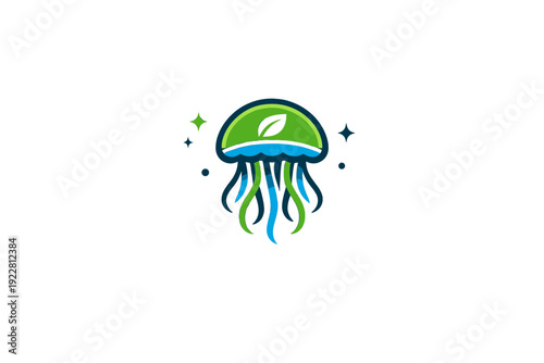 A modern vector illustration of a jellyfish with a green leaf inside its bell and blue tentacles. The design is set on a black background with decorative stars and dots.