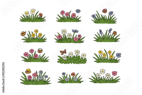 A collection of twelve hand-drawn illustrations featuring small patches of green grass with various colorful flowers in shades of pink, yellow, white, and blue on a black background.