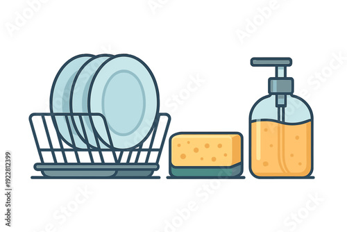 A flat illustration of three blue plates in a drying rack next to a yellow sponge and a soap dispenser filled with orange liquid. The design is clean and minimalist on a dark background.