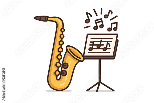 This stylized cartoon illustration features a golden saxophone standing next to a music stand with sheet music, while several musical notes float in the air above it.