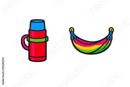A colorful flat illustration featuring a red thermos with a blue cap and a vibrant multi-colored hammock, both set against a solid black background for a clean look.