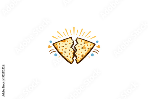 This graphic illustration depicts a piece of unleavened matzah bread broken in two, surrounded by yellow rays and colorful dots on a solid black background for the Jewish holiday.