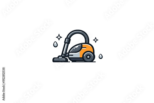 This vector-style illustration depicts a modern orange and grey canister vacuum cleaner surrounded by sparkles and water drops, set against a solid black background.