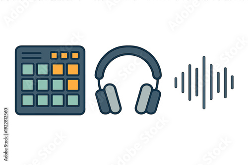 A minimalist graphic showing an electronic controller with lit pads, professional headphones, and an audio frequency wave. It represents music creation and sound engineering.