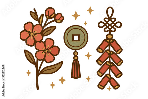 A bold graphic illustration featuring traditional Lunar New Year symbols including plum blossoms, a jade coin ornament with a tassel, and firecrackers against a black background.