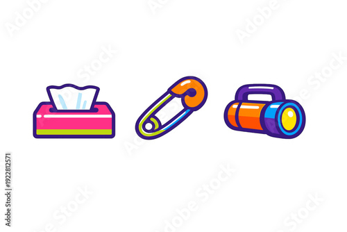 A collection of three colorful cartoon icons featuring a pink tissue box, an orange safety pin, and a purple and orange flashlight, all set against a solid black background.