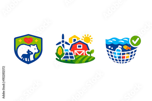 A set of three illustrative stickers showing animal protection, a sustainable farm with solar panels and wind turbines, and a basket of items being removed from the ocean.