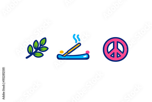 Three colorful icons representing peace and relaxation, including a green olive branch, a blue incense burner with smoke, and a pink peace symbol, set against a black background.