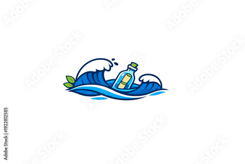 A vector illustration of a glass bottle containing a rolled message floating on stylized blue ocean waves against a black background. It features vibrant colors and clean lines.