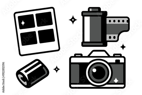 This sticker pack features photography elements like a classic camera, film canisters, and a contact sheet. The minimalist grayscale design includes white borders and small star accents.