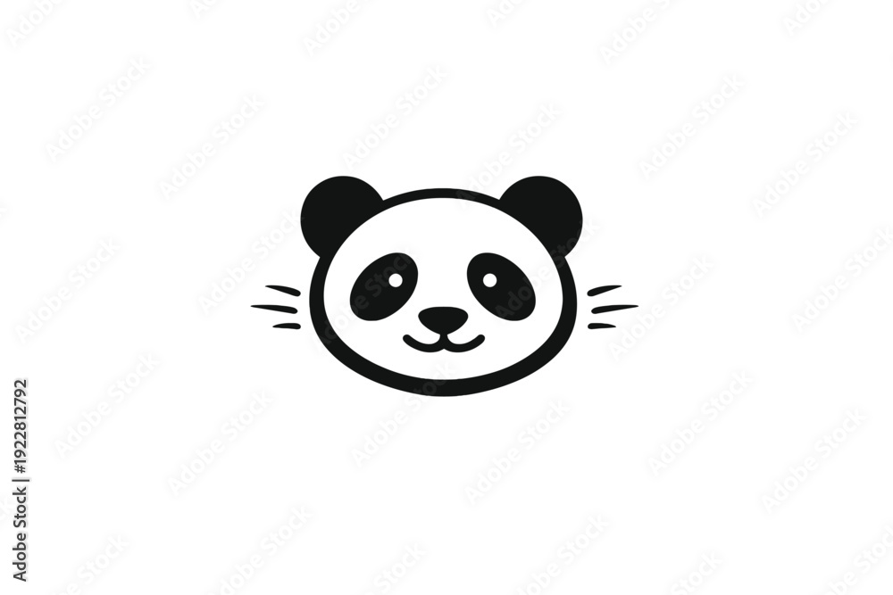 Fototapeta premium A minimalist black and white illustration of a panda face with whiskers, set against a solid black background. The simple line art design features round ears and characteristic eye patches.