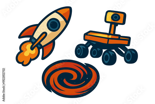 A collection of space exploration illustrations featuring a rocket ship launching with fire, a planetary rover vehicle, and a swirling orange spiral galaxy on a black background.