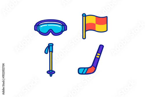 A collection of four colorful winter sports stickers featuring ski goggles, a checkered flag, a ski pole, and a hockey stick, all set against a solid black background.