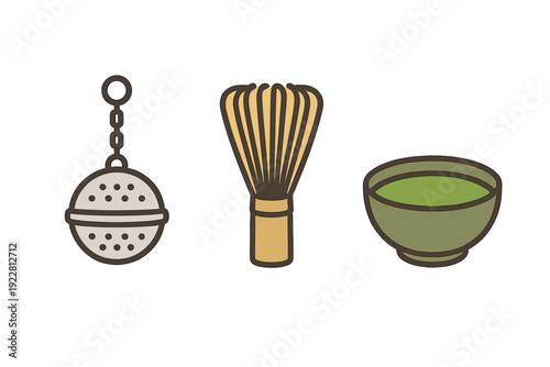 This graphic illustration shows a tea infuser, a bamboo matcha whisk, and a bowl of green tea. The icons are designed in a simple flat style with muted colors on a black background.