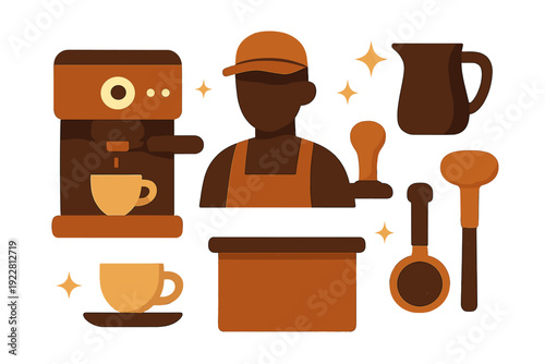 This minimalist graphic features a barista character with various coffee tools like an espresso machine, cups, and a portafilter, all rendered in warm brown tones on a black background.