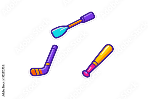 A vibrant vector illustration featuring a cartoon boat oar, a hockey stick, and a baseball bat. The colorful sports equipment is designed with thick outlines and white borders on a black background.