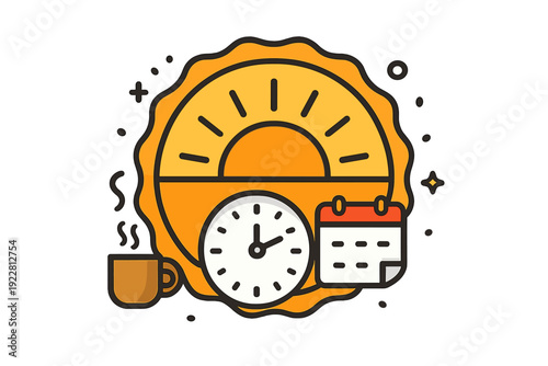A flat vector illustration representing daylight saving time with a large sun, a clock, a calendar, and a steaming cup of coffee against a dark background with decorative stars.