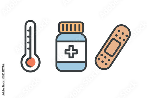 A flat vector illustration featuring three medical icons: a thermometer with a red bulb, a blue medicine bottle with a cross symbol, and a tan adhesive bandage on a black background.