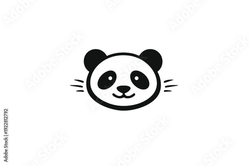 A minimalist black and white illustration of a panda face with whiskers, set against a solid black background. The simple line art design features round ears and characteristic eye patches.
