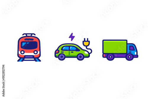 Three vibrant transportation icons including a red commuter train, a green electric vehicle with a charging cable, and a blue cargo truck isolated on a black background.