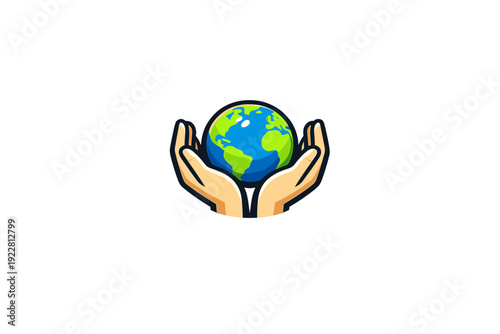A cartoon illustration of two human hands gently cupping a blue and green Earth globe against a solid black background, symbolizing environmental protection and global care.