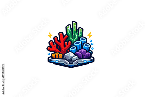 A vibrant vector illustration of a stylized coral reef featuring red, green, and blue sea life resting on a futuristic metallic base against a solid black background.