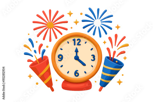 A 3D illustration featuring a round clock at midnight surrounded by colorful party poppers and fireworks. The scene includes vibrant red, blue, and orange elements on a black background.