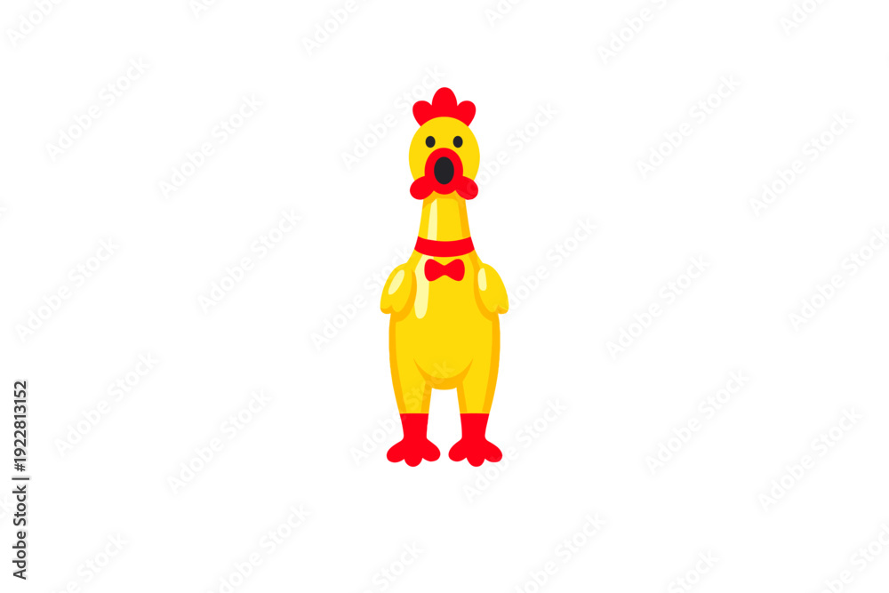Fototapeta premium A flat vector illustration of a yellow rubber chicken toy with a red bow tie and comb, standing against a solid black background. The toy has an open mouth and black eyes.