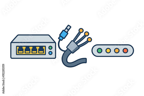 A flat vector illustration of networking hardware including a router with ethernet ports, a fiber optic cable with a connector, and a status indicator panel with colored lights.