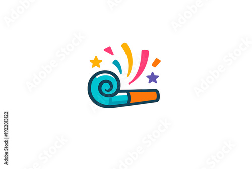 This vibrant cartoon illustration features a blue and orange party blower with colorful confetti and stars popping out against a solid black background, symbolizing a celebration.