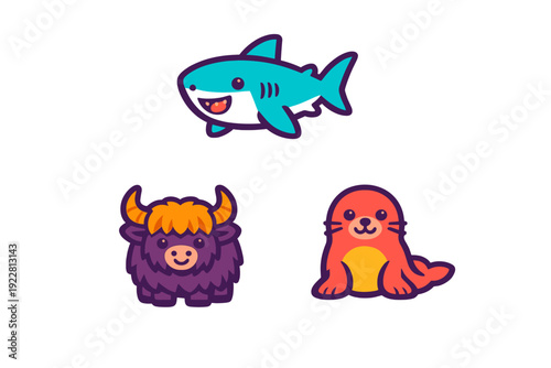 A collection of three cute cartoon animal icons featuring a blue shark, a purple yak with orange horns, and a friendly orange seal, all set against a solid black background.
